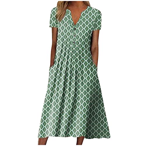 tsaChick Sommerkleid Damen Lose Bedrucktes Langes Kleid Frauen Casual Maxi Dress Mode Geraffter Knöpfen unterhalb des Knies Kleider Kurzarm Freizeitkleid Wadenlanges Kleid Lässige Ladies Kleid S-3XL von tsaChick