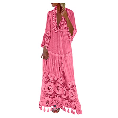 tsaChick Sommerkleid Damen S-4XL Langes BöHmisches Kleid Mit Fransen Mode Casual Bohemian Dress Einfarbiges KnöChellanges Kleid Aus Spitze Lange Maxikleid Mit Tiefem V-Ausschnitt Ladies Kleider von tsaChick