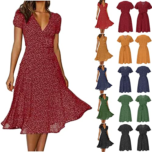 tsaChick Sommerkleid Damen Sexy V-Ausschnitt Tupfen Maxikleid Gerüschter Rüschensaum Schmal Kurzarm Langes Kleiner Polka Dot Slim unterhalb des Knies Kleid Elegant Prinzessinnenärmeln Women's Kleider von tsaChick