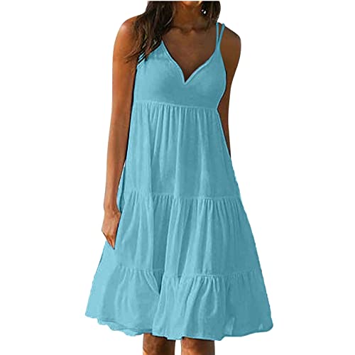 tsaChick Sommerkleid Damen lang spaghettiträger, Tunika Kleid Damen Langarm elegant, Kleider Damen Sommer Kurzarm, Strandkleid blau weiß Damen, Boho Kleid Damen midi Baumwolle, Blue S von tsaChick