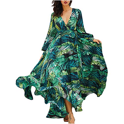 tsaChick Sommerkleid Sale Angebote Blusenkleid Damen Musselin Kleid Damen Langarm Knöchellang Strandkleid Women's Green Leaf Printed Big Hem Dresses Kleider DSA84 von tsaChick