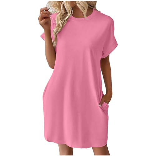 tsaChick Strandkleid Damen Summer Dress Sale Angebote Leinenkleid Damen Kurzen Ärmel Knielang Kleid Sommer Damen einfarbig Kurzarm Rundhalsausschnitt Kleid Kurzarm Rundhalsausschnitt Kleid DSE57 von tsaChick