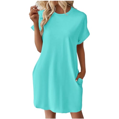 tsaChick Strandkleid Damen Summer Dress Sale Angebote Leinenkleid Damen Kurzen Ärmel Knielang Kleid Sommer Damen einfarbig Kurzarm Rundhalsausschnitt Kleid Kurzarm Rundhalsausschnitt Kleid DSE57 von tsaChick