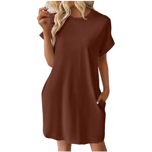 tsaChick Strandkleid Damen Summer Dress Sale Angebote Leinenkleid Damen Kurzen Ärmel Knielang Kleid Sommer Damen einfarbig Kurzarm Rundhalsausschnitt Kleid Kurzarm Rundhalsausschnitt Kleid DSE57 von tsaChick