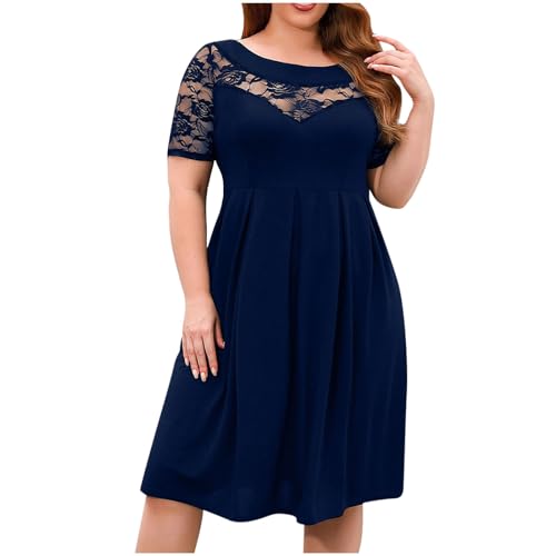 tsaChick Strandkleid Damen Summer Dress Sale Angebote Leinenkleid Damen Kurzen Ärmel Knielang Strandkleid Damen große Größe Spitze Spleißen Kurzarm Rundhalsausschnitt Geraffte Kleider DSE36 von tsaChick