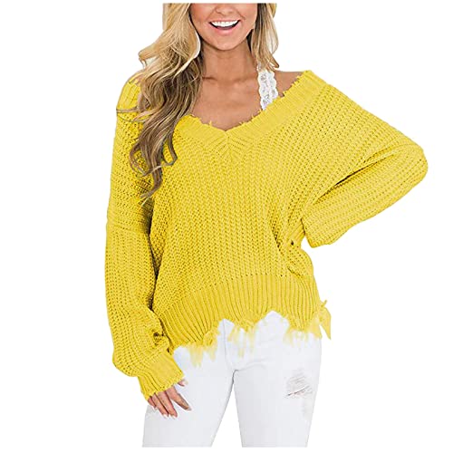 tsaChick Strickjacke Damen Bunt Und LangDamen V-Ausschnitt Off Shoulder Lose Pullover Pullover Damen Lose Strickpullover Unregelmäßiger Pullover JMB53 von tsaChick