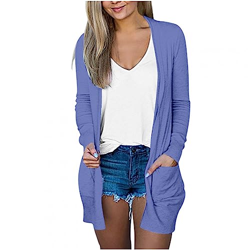 tsaChick Strickjacke Damen Lang Sommer Damen Feste Farbe Lange Ärmel Casual Tops Bluse mit Tasche Strickjacke KSF11 von tsaChick