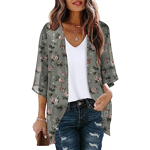 tsaChick Strickjacke Weiss Damen Damen Floral Print Puffärmel Kimono Strickjacke lose Chiffon Cover Up Casual Bluse Tops Boleros für Damen KSW26 von tsaChick