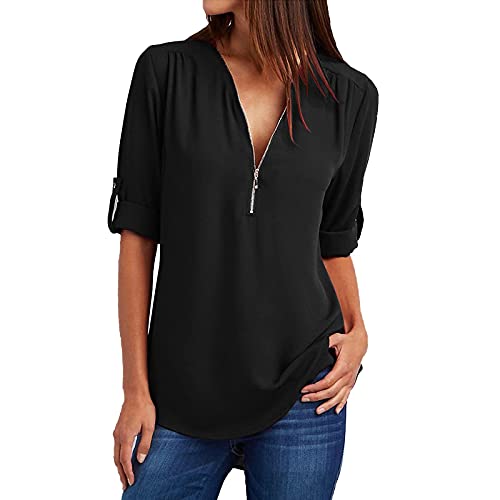 tsaChick Tops Damen Schwarz Damen Sommer Langarm Hemden Zip Casual Tunika V-Ausschnitt Rollbare Bluse Tops Longshirt Damen Große Größen Damen Oberteile Sommer Tops Damen Blusentop Damen Tops Sommer von tsaChick