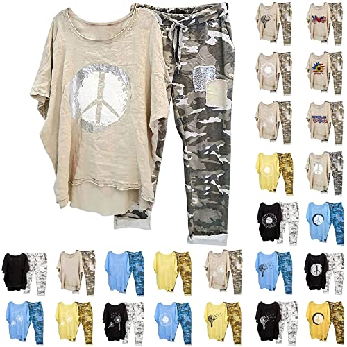 tsaChick Traingsanzug Damen Jogginganzug 2 Stück Outfits Lose Tops Hose Sportanzug Kurzarm Löwenzahn Druck Bluse Lange Camouflage Hose Zweiteiler Jogger Trainingsanzug Set Sweatshirt von tsaChick