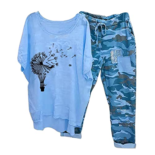 tsaChick Traingsanzug Damen Jogginganzug 2 Stück Outfits Lose Tops Hose Sportanzug Kurzarm Löwenzahn Druck Bluse Lange Camouflage Hose Zweiteiler Jogger Trainingsanzug Set Sweatshirt von tsaChick