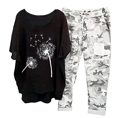 tsaChick Traingsanzug Damen Jogginganzug 2 Stück Outfits Lose Tops Hose Sportanzug Kurzarm Löwenzahn Druck Bluse Lange Camouflage Hose Zweiteiler Jogger Trainingsanzug Set Sweatshirt von tsaChick