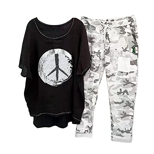 tsaChick Traingsanzug Damen Jogginganzug 2 Stück Outfits Lose Tops Hose Sportanzug Kurzarm Löwenzahn Druck Bluse Lange Camouflage Hose Zweiteiler Jogger Trainingsanzug Set Sweatshirt von tsaChick