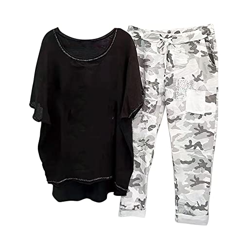 tsaChick Traingsanzug Damen Jogginganzug 2 Stück Outfits Lose Tops Hose Sportanzug Kurzarm Löwenzahn Druck Bluse Lange Camouflage Hose Zweiteiler Jogger Trainingsanzug Set Sweatshirt von tsaChick