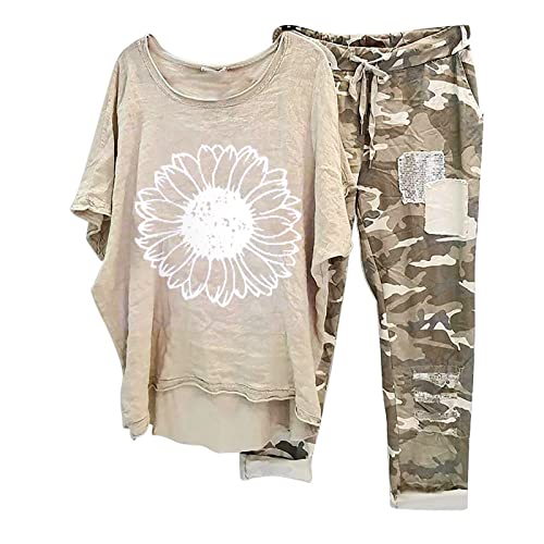 tsaChick Traingsanzug Damen Jogginganzug 2 Stück Outfits Lose Tops Hose Sportanzug Kurzarm Löwenzahn Druck Bluse Lange Camouflage Hose Zweiteiler Jogger Trainingsanzug Set Sweatshirt von tsaChick