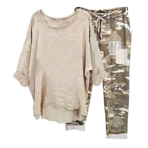 tsaChick Traingsanzug Damen Jogginganzug 2 Stück Outfits Lose Tops Hose Sportanzug Langarm Löwenzahn Druck Bluse Lange Camouflage Hose Zweiteiler Jogger Trainingsanzug Set Sweatshirt S-5XL von tsaChick