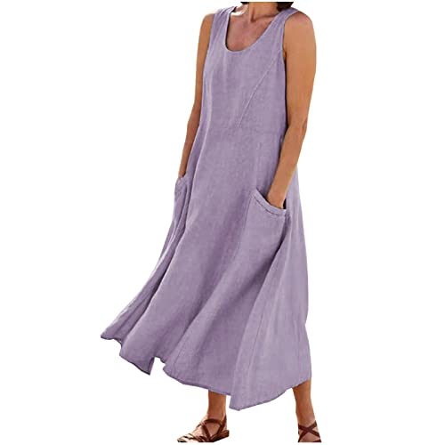 tsaChick Tunikakleid Damen Sale Angebote Sommerkleider Damen Leicht Und Luftig Ohne Arm Midi Strandkleid Unifarbenes ärmelloses Kleid aus Baumwolle und Leinen Lange Kleider DSE13 von tsaChick