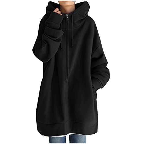 tsaChick Zipper Hoodie Damen Lang Frauen solide Farbe mit Kapuze Reißverschluss Tasche Lange Ärmel gepolstert Lange Sweatshirt Jacke Top Y2k Zip Up Hoodie von tsaChick