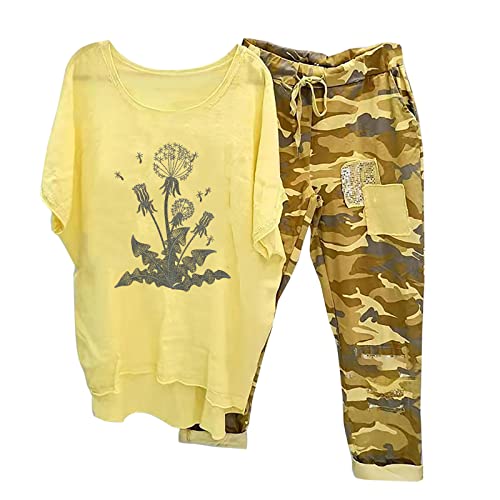 tsaChick Zweiteiler Damen Sommer Freizeit Trainingsanzug Jogginganzug 2 Stücke Set Kollektion Löwenzahndruck Kurzarm Top/Hose Sportswear für Running Yoga Gym Oversize Streetwear Anzüge S-5XL von tsaChick