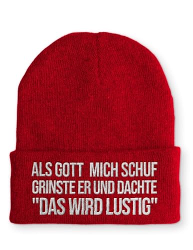 Als Gott Mich Schuf grinste er und dachte Das Wird lustig Statement Beanie Mütze mit Spruch, Farbe: Rot von tshirtladen