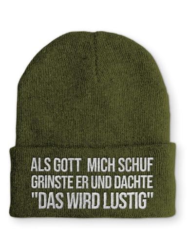 Als Gott mich schuf grinste er und dachte "Das wird lustig" Statement Beanie Mütze mit Spruch, Farbe: Olive von tshirtladen