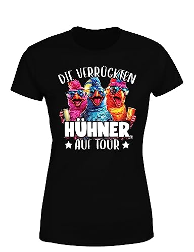 Die verrückten Hühner auf Tour - lustiges Party - Mädelsabend Damen T-Shirt, Farbe: Black, Größe: XL von tshirtladen