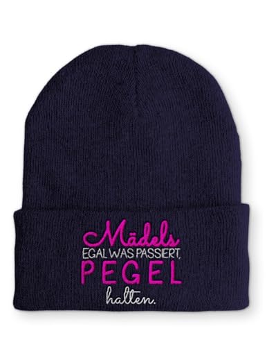 Mädels egal was passiert, Pegel halten. Statement Beanie Mütze mit Spruch, Farbe: Navy von tshirtladen