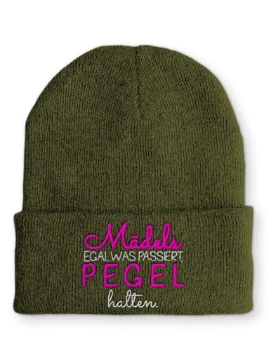 Mädels egal was passiert, Pegel halten. Statement Beanie Mütze mit Spruch, Farbe: Olive von tshirtladen