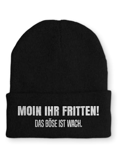 Moin Ihr Fritten! Spruchmütze Strickmütze Wintermütze lustige Beanie mit Stick OneSize Mütze, Farbe: Black von tshirtladen