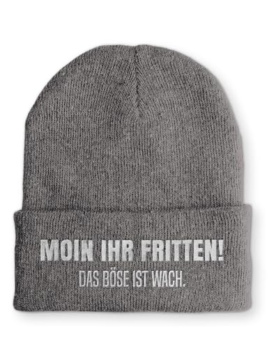 Moin Ihr Fritten! Spruchmütze Strickmütze Wintermütze lustige Beanie mit Stick OneSize Mütze, Farbe: Grau von tshirtladen