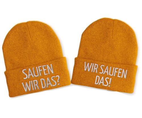 tshirtladen Duo Beanie Saufen wir das Wir saufen das Statement Partnermütze mit Spruch Strickmütze für Damen und Herren bestickt Winter Mütze Humor Design, Farbe: Mustard von tshirtladen