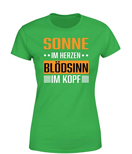 Sonne Im Herzen Blödsinn im Kopf T-Shirt Damen Funshirt Statement, Farbe: Grün, Größe: X-Large von tshirtladen