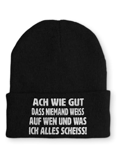 tshirtladen ACH wie gut das niemand Weiss auf Wen und was ich Alles Scheiss! Statement Beanie Mütze mit Spruch, Farbe: Black von tshirtladen