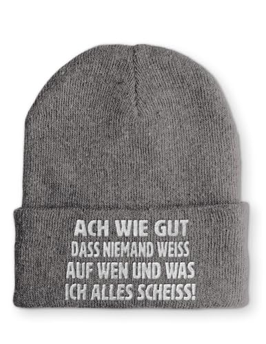 tshirtladen Ach wie gut das niemand weiss auf wen und was ich alles scheiss! Statement Beanie Mütze mit Spruch, Farbe: Grau von tshirtladen