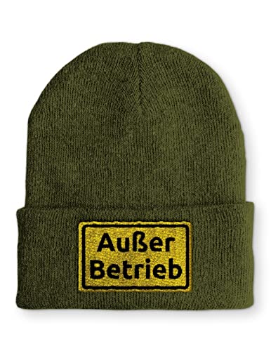 tshirtladen Außer Betrieb Statement Spruchmütze Beanie Mütze mit Spruch für Damen und Herren, Farbe: Olive von tshirtladen