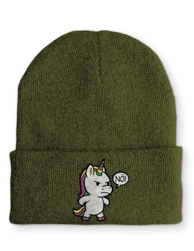 tshirtladen Beanie Einhorn NÖ in Olive Bestickt mit Spruch für Damen Herren OneSize Statement Strickmütze Humor Mütze mit Haltung und Ironie für Alltag Freizeit Büro Unisex Beanie von tshirtladen