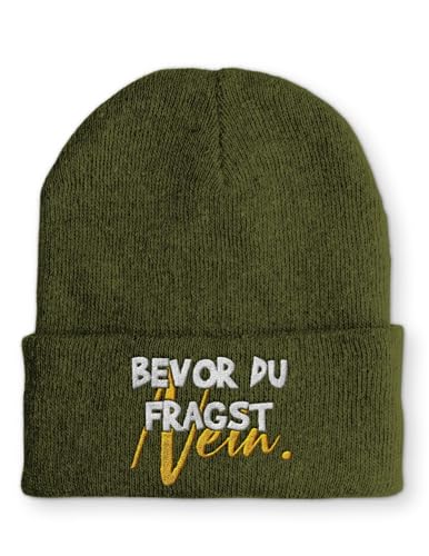 tshirtladen Beanie Mütze Bevor du fragst Nein! Statement Wintermütze, Farbe: Olive von tshirtladen