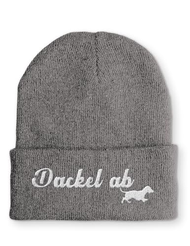 tshirtladen Beanie Mütze Dackel ab Dackelfan Statement Wintermütze, Farbe: Grau von tshirtladen