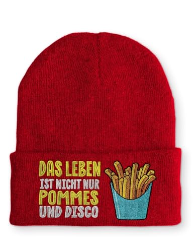 tshirtladen Beanie Mütze Das Leben ist Nicht nur Pommes und Disco Statement Wintermütze, Farbe: Rot von tshirtladen