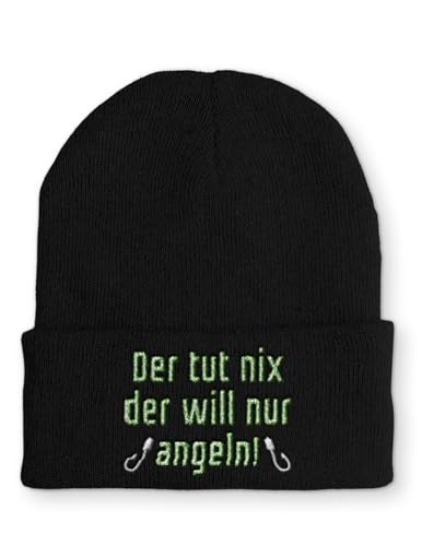 tshirtladen Beanie Mütze Der tut nix der will nur angeln! Statement Wintermütze, Farbe: Black von tshirtladen