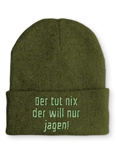 tshirtladen Beanie Mütze Der tut nix der will nur jagen! Statement Wintermütze, Farbe: Olive von tshirtladen