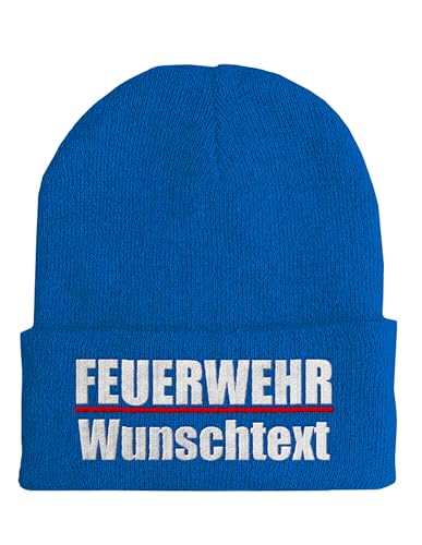 tshirtladen Beanie Mütze Feuerwehr mit Wunschtext Bestickt blau Strickmütze für Löschzug Atemschutz Jugendfeuerwehr Unisex Beanie Mütze für Damen Herren Feuerwehrmann Feuerwehrfrau von tshirtladen