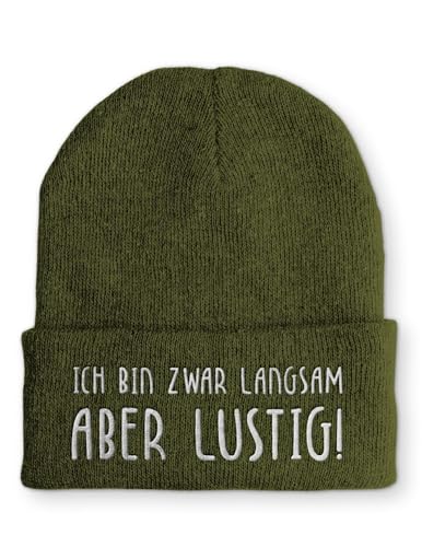 tshirtladen Beanie Mütze Ich Bin zwar langsam Aber lustig! Statement Wintermütze, Farbe: Olive von tshirtladen