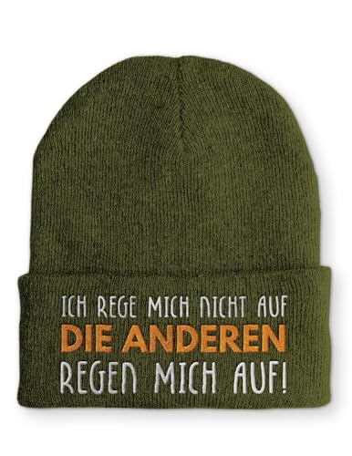 tshirtladen Beanie Mütze Ich rege Mich Nicht auf die Anderen Regen Mich auf! Statement Wintermütze, Farbe: Olive von tshirtladen