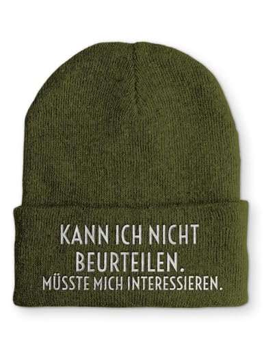 tshirtladen Beanie Mütze Kann ich Nicht beurteilen. Müsste Mich interessieren. Statement Wintermütze, Farbe: Olive von tshirtladen