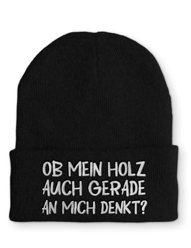 tshirtladen Beanie Ob Mein Holz auch an Mich Denkt? Wintermütze Mütze mit lustigem Spruch, Farbe: Black von tshirtladen