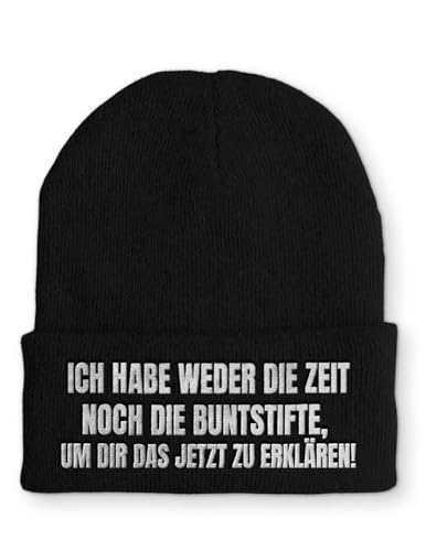 tshirtladen Beanie Weder die Zeit noch die Buntstifte Wintermütze Mütze mit lustigem Spruch, Farbe: Black von tshirtladen