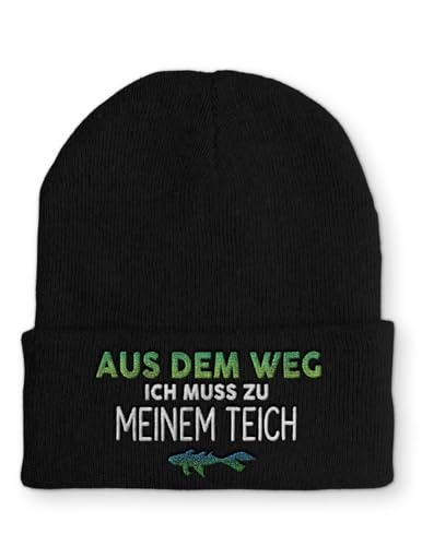 tshirtladen Beanie mit Stick Ich muss zu Meinem Teich lustige Spruchmütze Strickmütze Wintermütze, Farbe: Black von tshirtladen