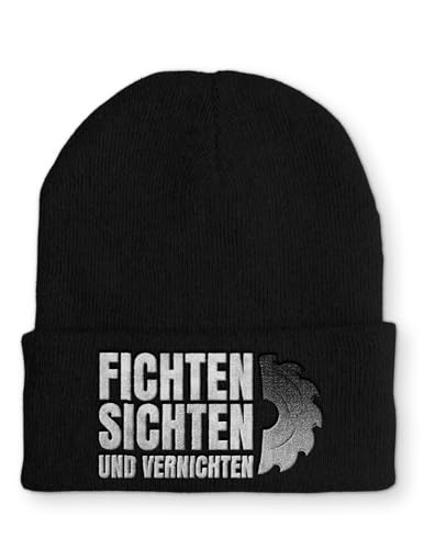 tshirtladen Beanie mit Stick OneSize Mütze Fichten Sichten und Vernichten lustige Spruchmütze Strickmütze Wintermütze, Farbe: Black von tshirtladen