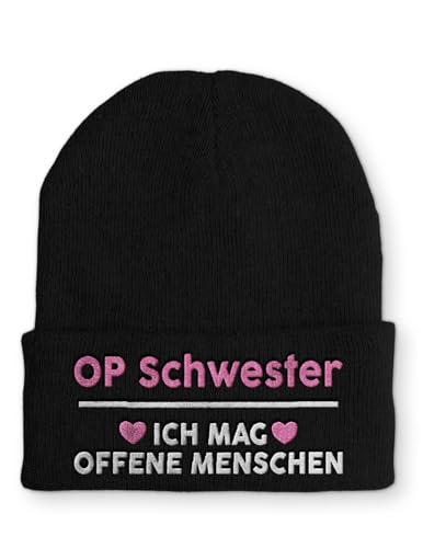 tshirtladen Beanie mit Stick OneSize Mütze OP Schwester lustige Spruchmütze Strickmütze Wintermütze, Farbe: Black von tshirtladen